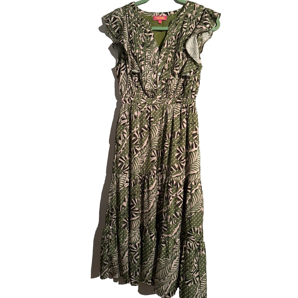 THML Medium Green Leaf Print Tiered Flutter‎ Sleeve Dress Boho Resort Tropical